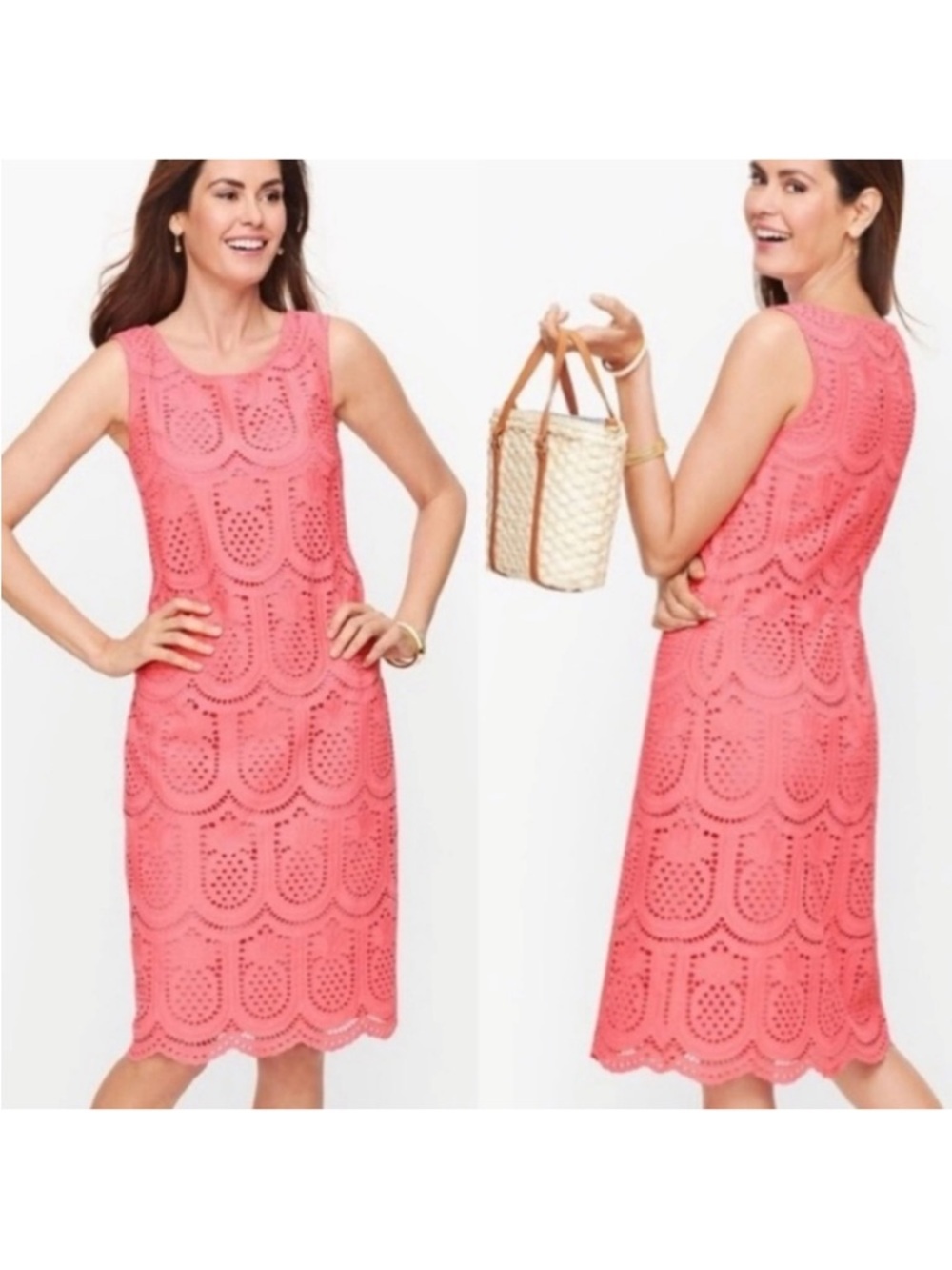 Talbots coral eyelet pineapple scoop neck scallop hem sleeveless mini dress